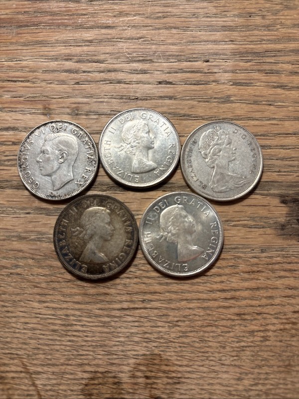 Canadian silver half dollar lot (5).  1.50 Ounces of Silver.