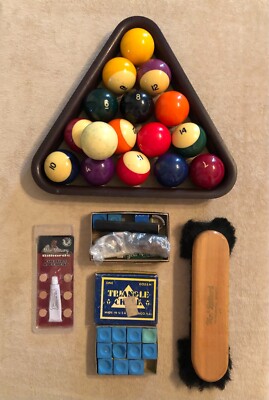 Vintage Billiard Pool Ball Set with Racks Triangle Chalk Mr. Billiard Brush