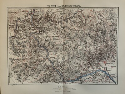 #ad 1875 Koblenz to Mainz on The Rhine Original Antique Map by A. Vuillemin GBP 19.99