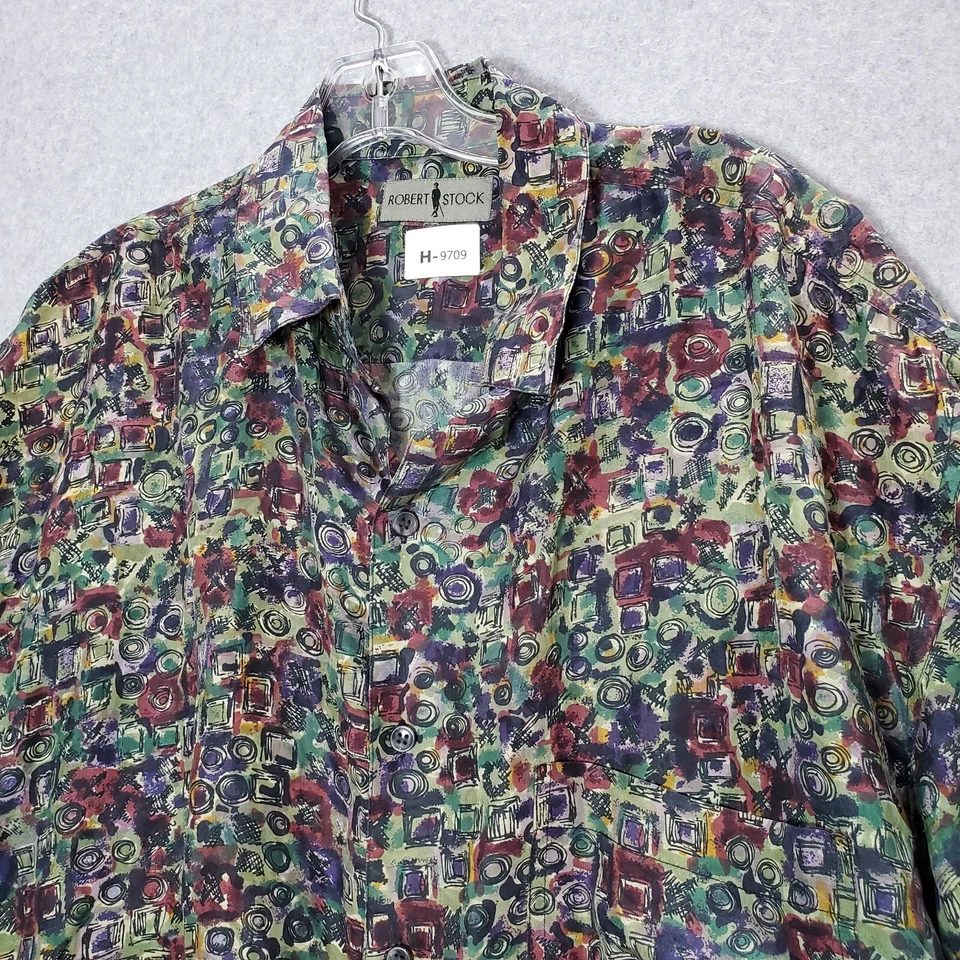 Camisa masculina Robert Stock com botões XL verde geométrica 100% seda manga curta LEIA - Imagem 3 de 4