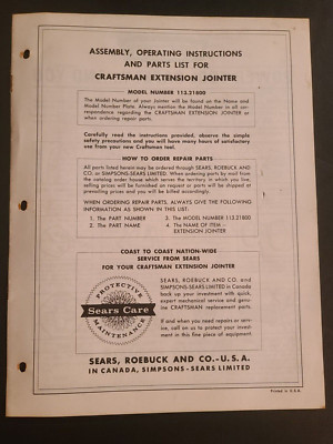 Sears Craftsman Extension Jointer Assembly, Operating Instructions & Parts List