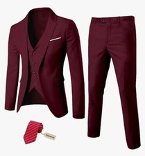 YND Men's Slim Fit 3 Piece Suit Set, One Button Solid Blazer Vest Pants with Tie