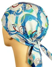 Teal Blue Geometric Circles with Sweatband Head Wrap Durag American Made USA