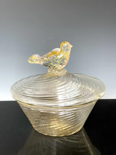 Vintage MURANO VENETIAN Art Glass Covered CANDY Dish ~ Gold Flecks Bird Figurine