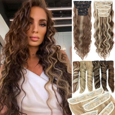 Double Drawn Balayage Clip In Thick As Human Hair Extensions 4PCS Full Head Wavy