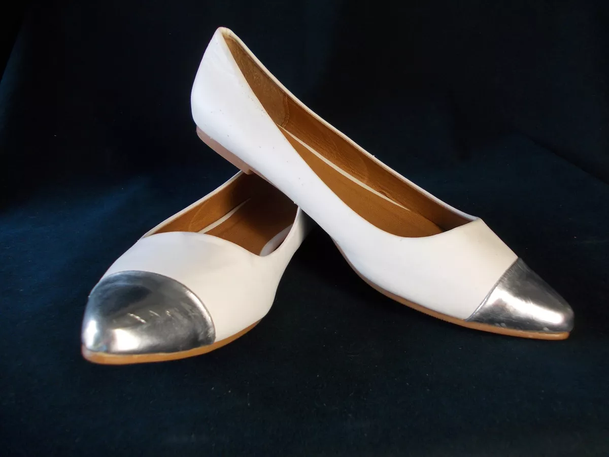 Flat Court Shoes Ballet Slippers Truffle white with silver toe cap size 7
