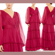 NWT $598 Mac Duggal [ 6 ]  Ruffle Tiered Long Puff Sheer Sleeve A Line Gown #J82