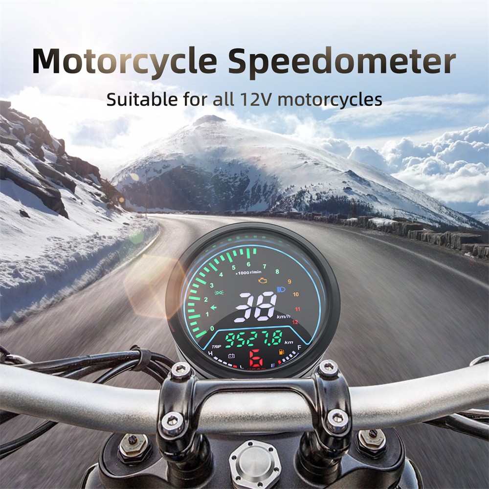 12V LCD Digital Motorcycle Speedometer Odometer Tachometer Gauge w/ Sensor Volt