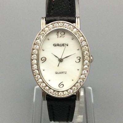 Gruen Womens Watch 24mm Oval MOP Dial Crystal Bezel Black 