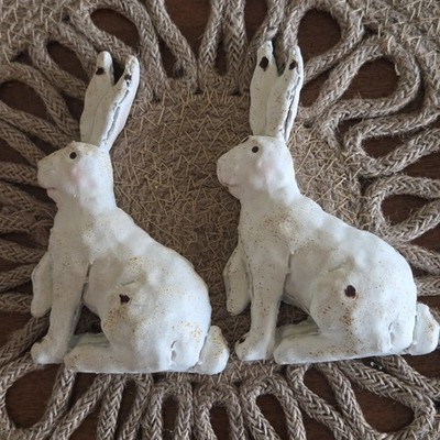 Vintage Pair of Handmade Plaster Composite White Easter Rabbit Bunny Decor/READ
