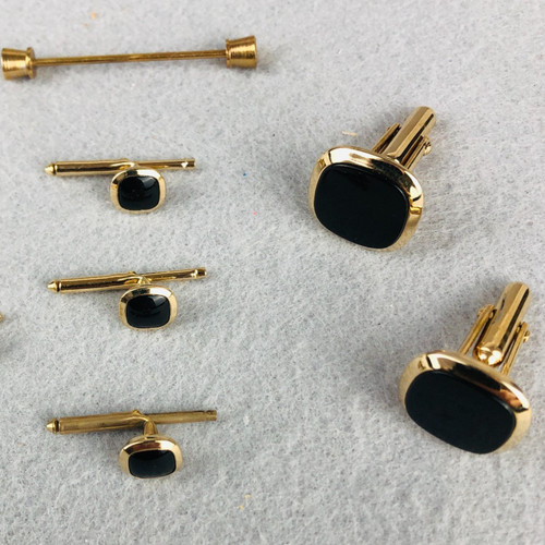 Vintage Men Jewelry ANSON Cufflinks Button studs x3  Tie bar Goldtone Black Onyx