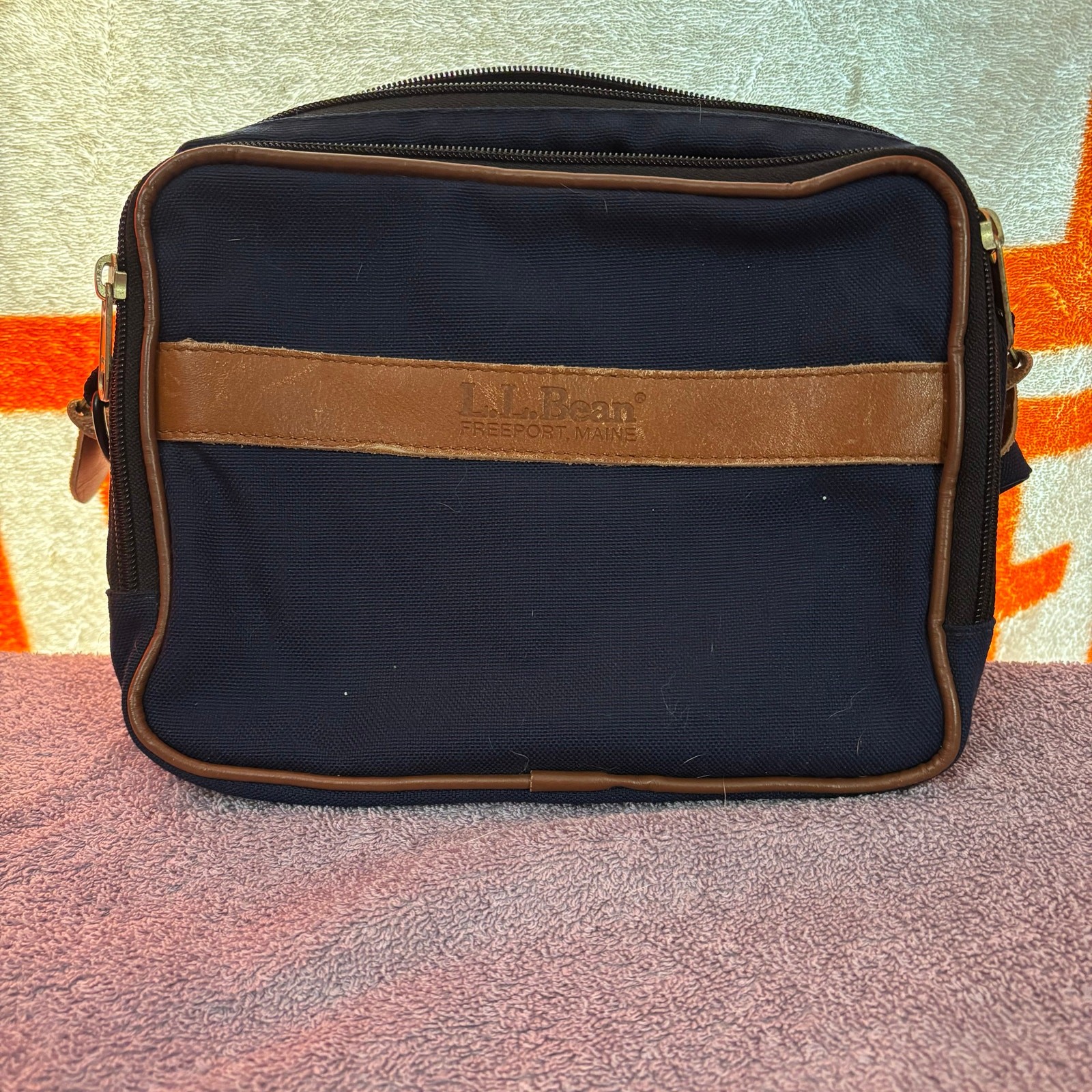 L.L. Bean 9x7 Waist Bag Navy Canvas Leather Trim