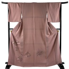 Japanese Silk Kimono L 167cm Pink Crane Grass and flowers Lined Embroidery 15297