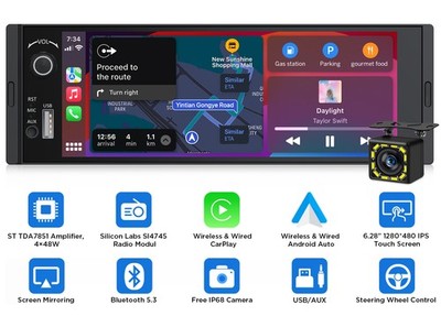 Android Auto 6.28'' IPS Single 1DIN Car Stereo Wireless CarPlay GPS Bluetooth 5.3
