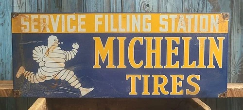 BIG Vintage Michelin Tires Service Filling Station Porcelain Metal Tire Man Sign