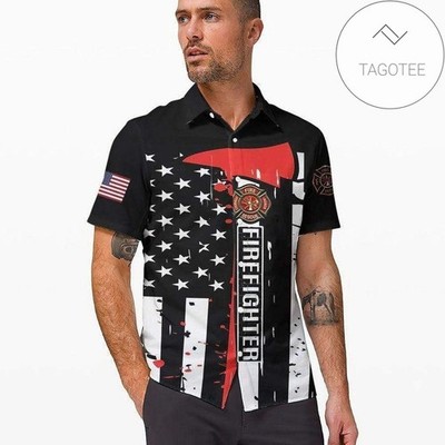 Firefighter And US Flag Honorably Featured On Hawaiian Shirt