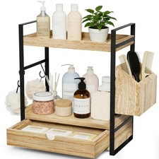 Kottwca 2-Tier Bathroom Counter Organizer with Drawer, Basket  Hooks, Wooden...