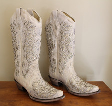 Corral Boots A3322 White Glittered Inlay Crystals Studded Snip Toe Womens 7.5 M
