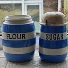 T G GREEN CORNISHWARE FLOUR & SUGAR  SHAKERS EARLY GREEN SHEILD BACKSTAMP.