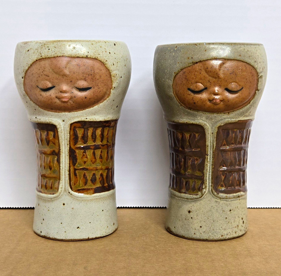 Vintage UCTCI Japan Baby Face Stoneware Vase Tumbler Mid Century Modern As Is 5"