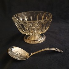 Vintage Glass  Sugar / Preserve Bowl on Chrome Footed Stand with Spoon / Ladle