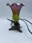 Vintage Tiffany Style Hummingbird Tulip Flower Lamp Brass Base 8.25”x 5.5”W