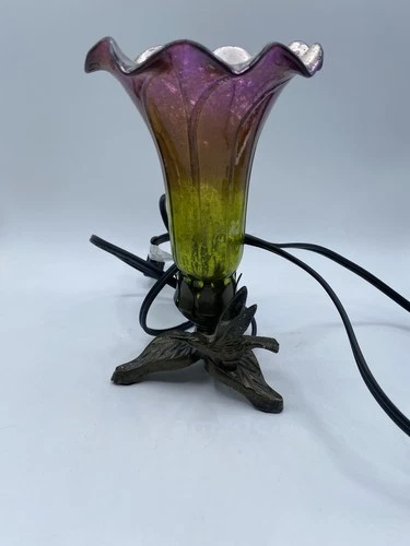 Vintage Tiffany Style Hummingbird Tulip Flower Lamp Brass Base 8.25”x 5.5”W