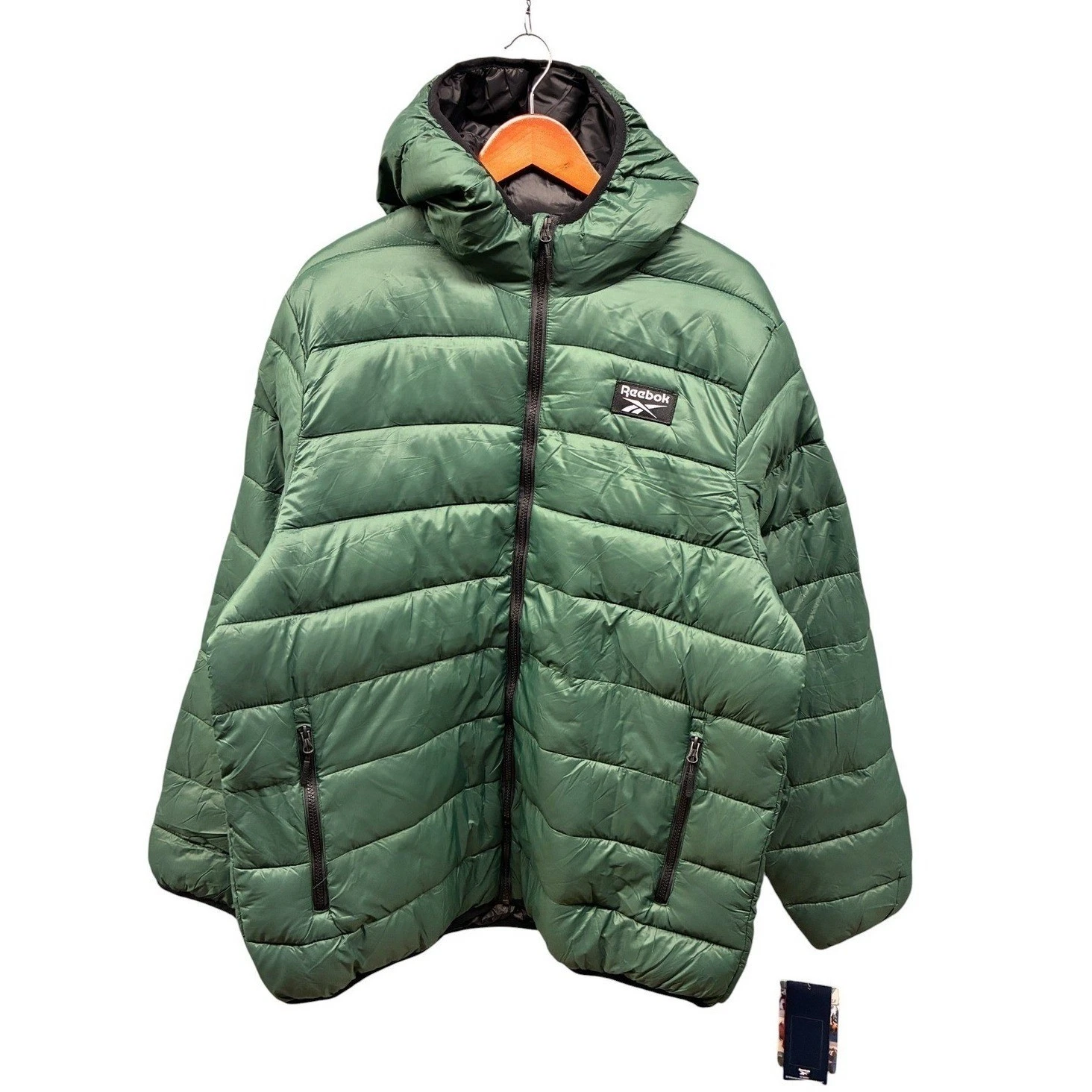 Reebok Puffer Jacket Full Zip Hooded Men's Green Quilted Insulated Winter Coat