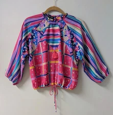 Vintage 80's Diane Freis Georgette Hot Pink Tassels Blouse Drawstring M