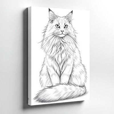 Wall Art Long Haired Cat Sketch Print Black White Feline Line Drawing Decor