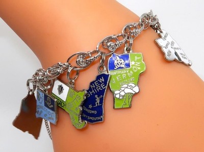 Darling MONET 9 States Charm Bracelet, ME, CT, MA, VT, NY, PA, OH, IN, IL, 7''