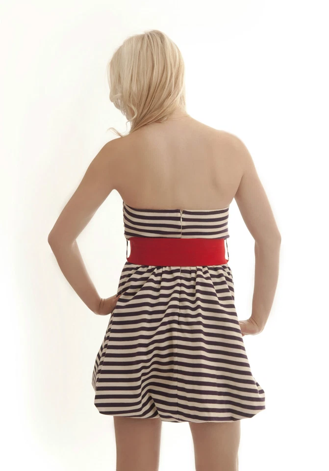 Sexy Vestido de Fiesta Mujeres Cóctel Sin Tirantes Cinturón Corto a Rayas Algodón Voom Joy Han Foto 3 de 4