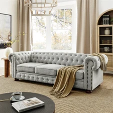 3-Seater Chesterfield Sofa Tufted Linen Upholstered Sofa Nailhead Trim Wood Legs