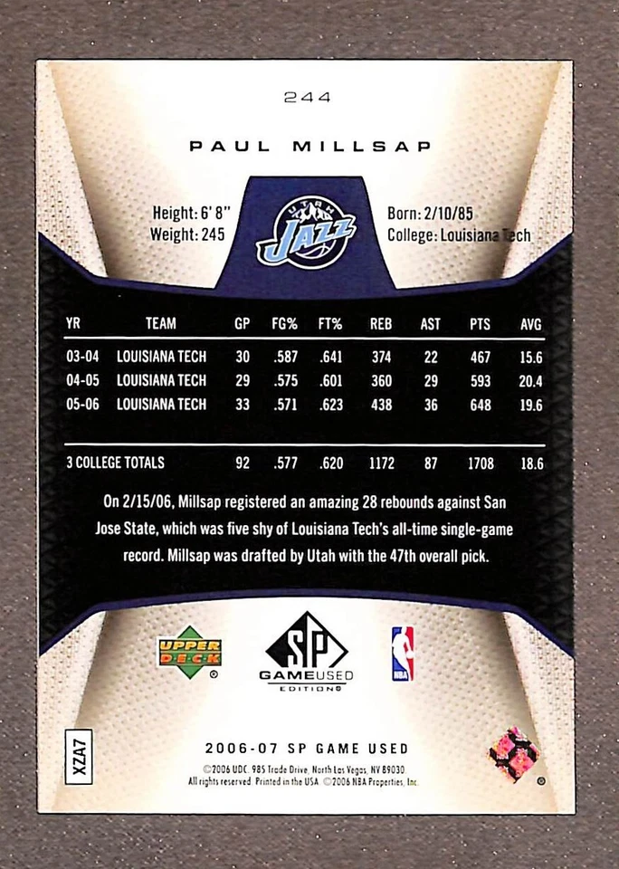 2006-07 SP Game Used Edition Gold #244 Paul Millsap Rookie /100 - Image 2 of 3