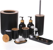 9 Pcs Bamboo & Matte Black Bathroom Accessories Sets Complete, Modern, Aesthetic