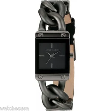  Anne Klein Women's Rectangular Gunmetal and Black Leather Strap Watch AK-1841