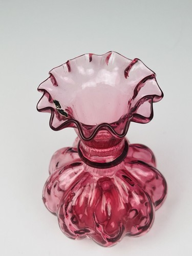 Vintage Cranberry Melon Hand Blown Glass Vase Ruffled Top 4 3/4" high - Picture 4 of 12