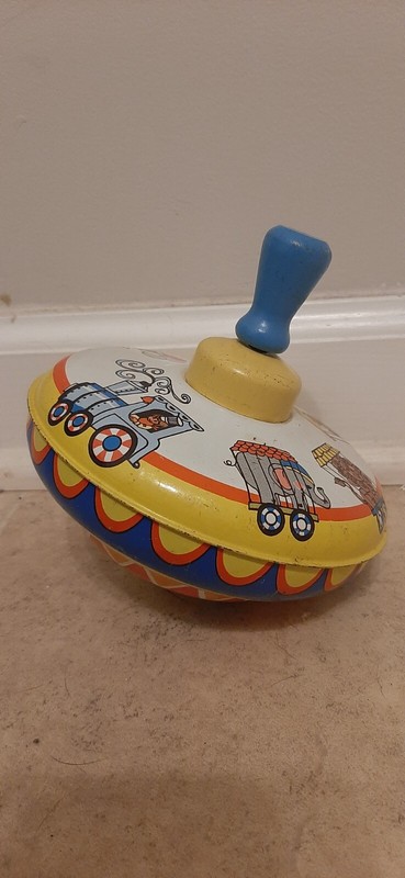 Vintage Ohio Art Tin Toy Spinner - Blue Handle, Circus Design, Works Good!!!