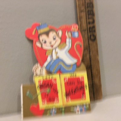 Vtg Valentine Card 40s 50s Organ Grinder Monkey Uniform Donation Cup ''ORGAN-IZE''