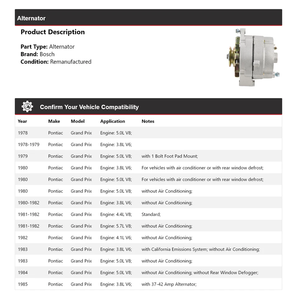 适用于 1978 - 1985 庞蒂亚克大奖赛博世交流发电机(再制造)1979 年 1980 — 第 2/4 张图片