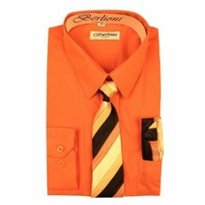 BERLIONI ITALY KIDS BOYS DRESS SHIRT LONG SLEEVE WITH TIE  HANKY ORANGE