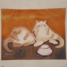 Erika Oller Maggie needlepoint Cat Cats by food bowl 18 count mesh canvas M1110