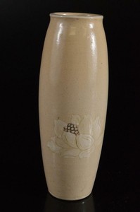 P4798: Japanese Seto-ware White glaze Flower pattern FLOWER VASE Ikebana