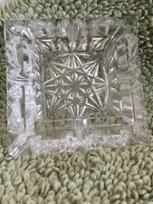  Vintage Glass Crystal Cut Square 2.5" Inset Ashtray Heavy Thick  Etched 5" x 5"