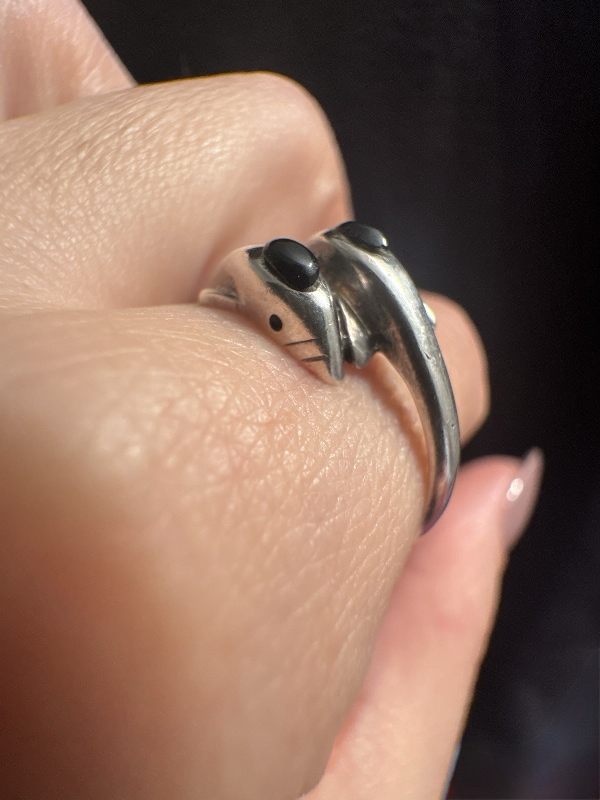 925  Sterling Silver Two Onyx Head Dolphins  Ring -UK SizeT(#2) image 7