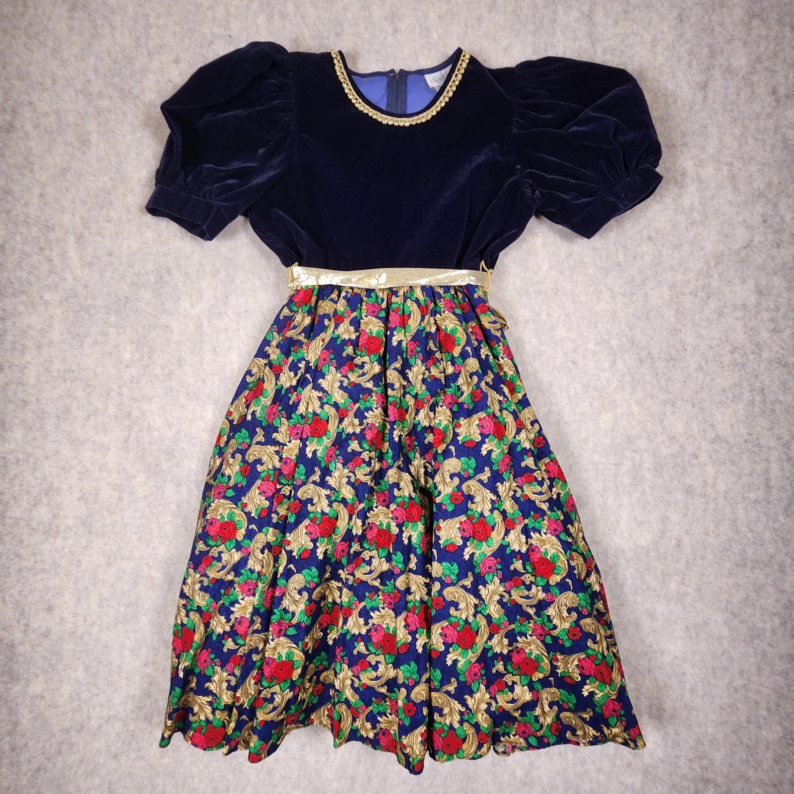 Rare Editions Girls Dress Sz 10 Navy Velvet Gold Lamé Ribbon Baroque Print Skirt
