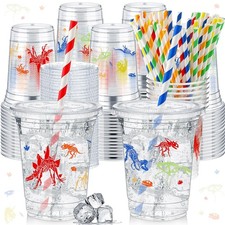 50 Pcs Dinosaur Cups for Kids 12 oz Disposable Plastic Cups with Straws and L...