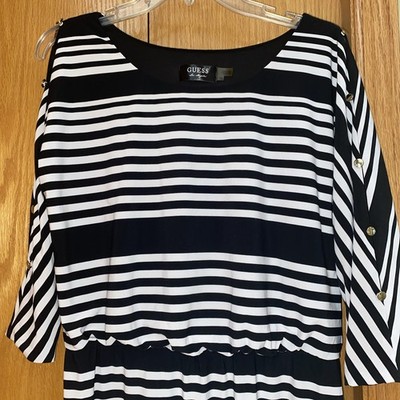 guess t shirt dress striped Guess Mini Dress Size 10 Black White Stripe Gathered Waist Gold Buttons  Stretch