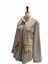 Trina Turk Size M Gray White Long Tab Sleeve Draw String Waist Utility Jacket