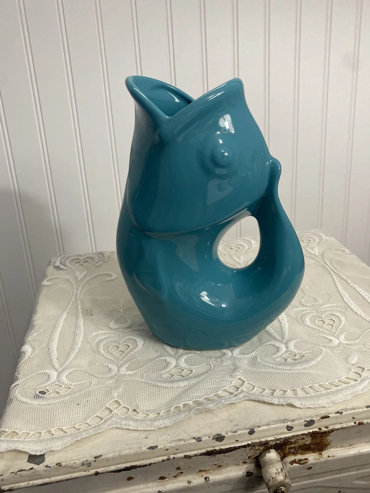 9” Gurgle Pot Fish Pitcher Jug Vase 2006 Stoneware Aqua Blue No Chips/Cracks - Image 4 of 4